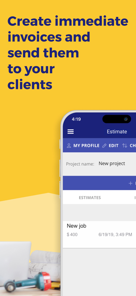 Smartphone displaying the Construction Estimator App interface for creating and sending immediate invoices to clients