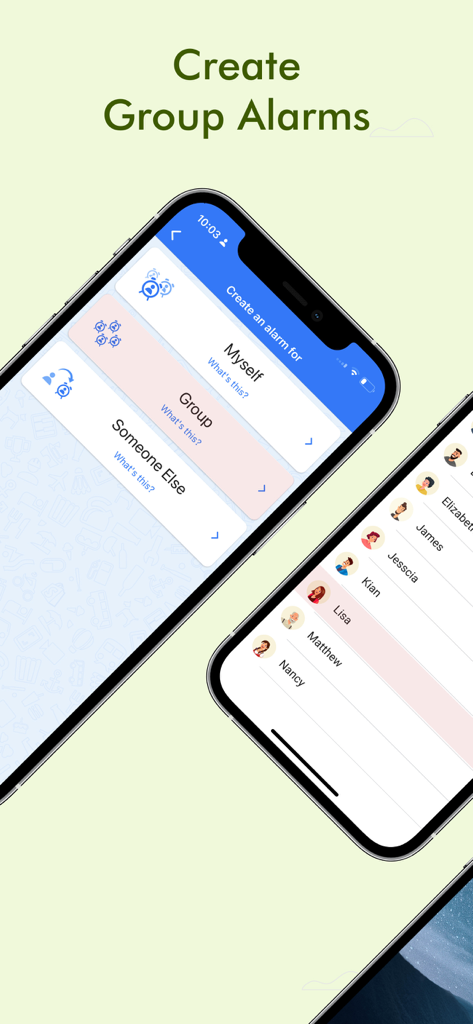 Galarm - Alarms and Reminders - Interface of the Galarm app showing options to create personal, group, or buddy alarms along with a list of contacts.