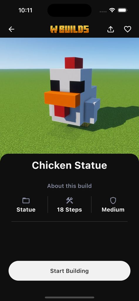 단계별 지침이 포함된 WBuilds 앱의 마인크래프트 닭 조각상 건축 튜토리얼