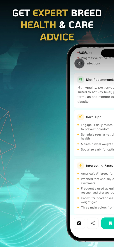 Dog Breed Identifier | Scanner - Mobile app screen showing expert health and care advice for dog breeds including diet recommendations and care tips.