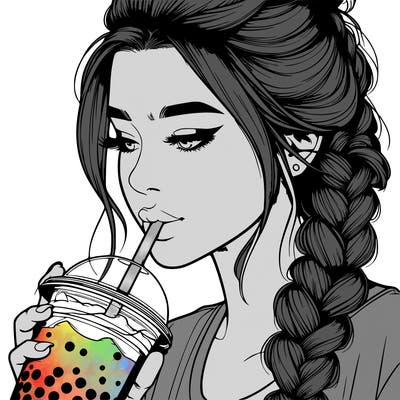 realistic girl drinking boba tea with braided hair