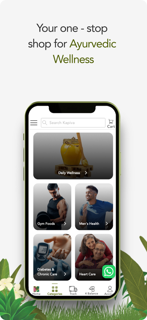 Kapiva mobile app home screen displaying various Ayurvedic health and wellness categories like gym foods and chronic care