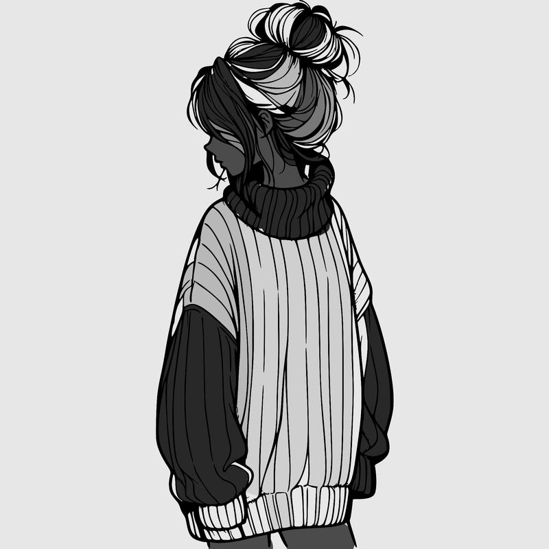 realistic girl with oversized sweater and messy bun
