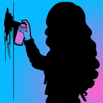 realistic girl with mask spray painting a wall