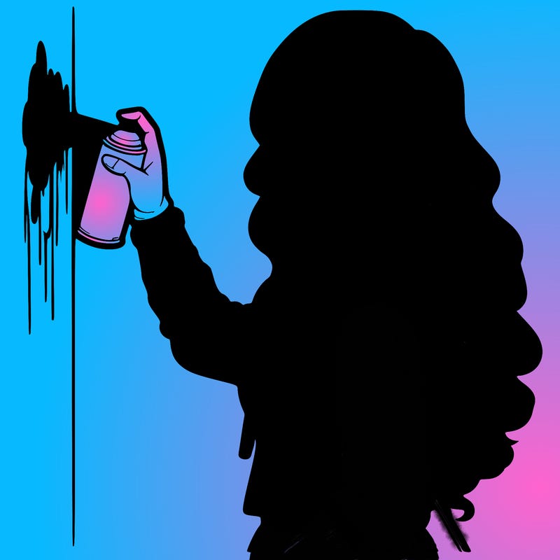 realistic girl with mask spray painting a wall