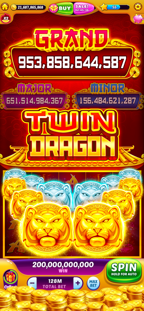 Jackpot Master™ Slots-Casino - Jackpot Master Slots Casinoゲーム画面に、巨大なジャックポット勝利と金色の虎のシンボルが表示されたTwin Dragonテーマが表示されている