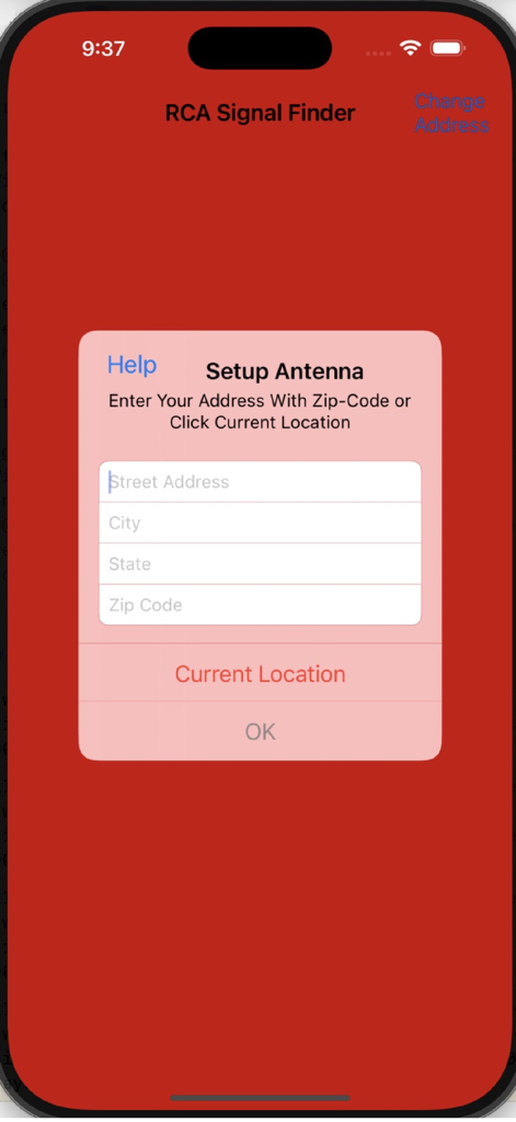 RCA Signal Finder - RCA Signal Finder app screen for entering an address or using current location to set up an antenna