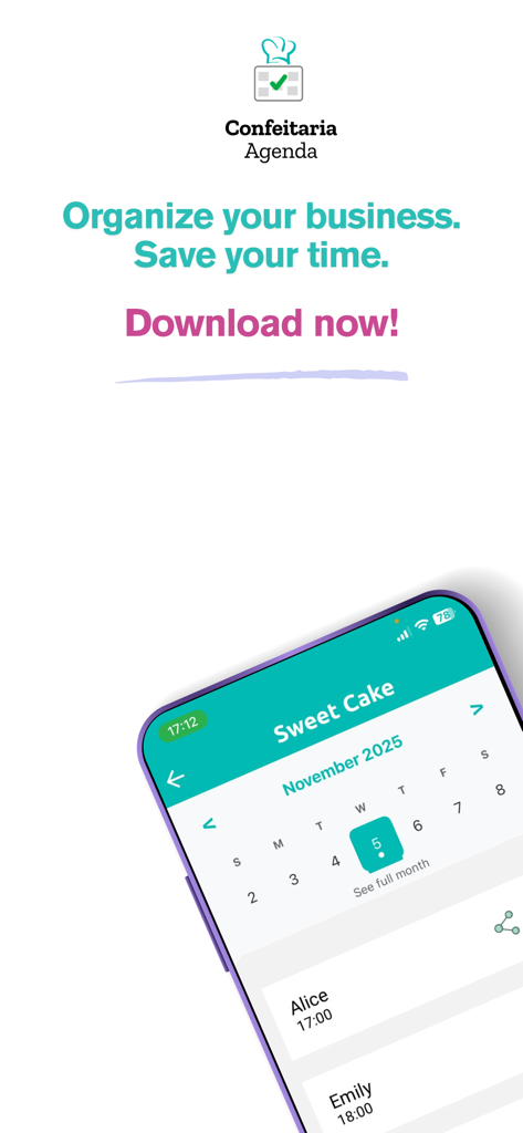 Cake - Schedule - Smartphone mostrando la interfaz de la app Cake Schedule con un calendario de noviembre y pedidos de clientes.