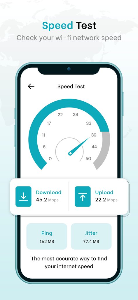 Router Admin Control - Mobile app screen showing a Wi-Fi speed test with download and upload speeds