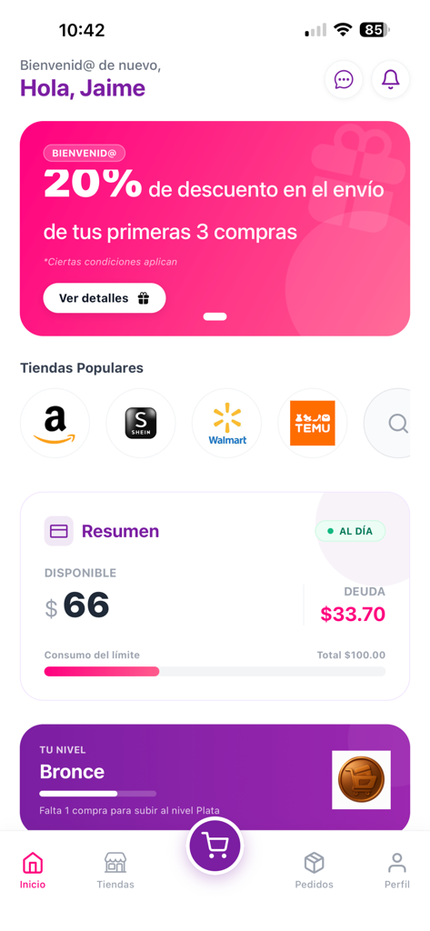 MamaSAN - Pantalla principal de la app MamaSAN mostrando el resumen del crédito de compras y enlaces a tiendas populares como Amazon y Shein