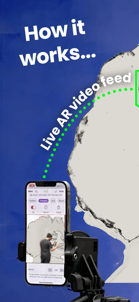 Mural Maker by Da Vinci Eye - An iPhone on a tripod showing the Mural Maker app's live AR video feed for a large wall mural project.