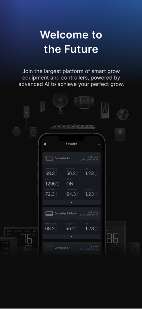 AC Infinity - Panel de la aplicación AC Infinity que muestra datos climáticos en tiempo real para controladores de cultivo inteligentes y monitoreo ambiental