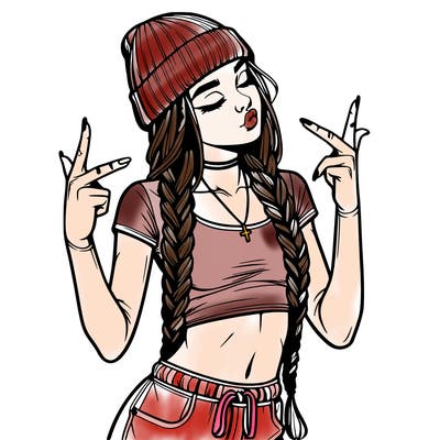 realistic teenage girl with braids and a beanie and crop top doing 🫶🏼