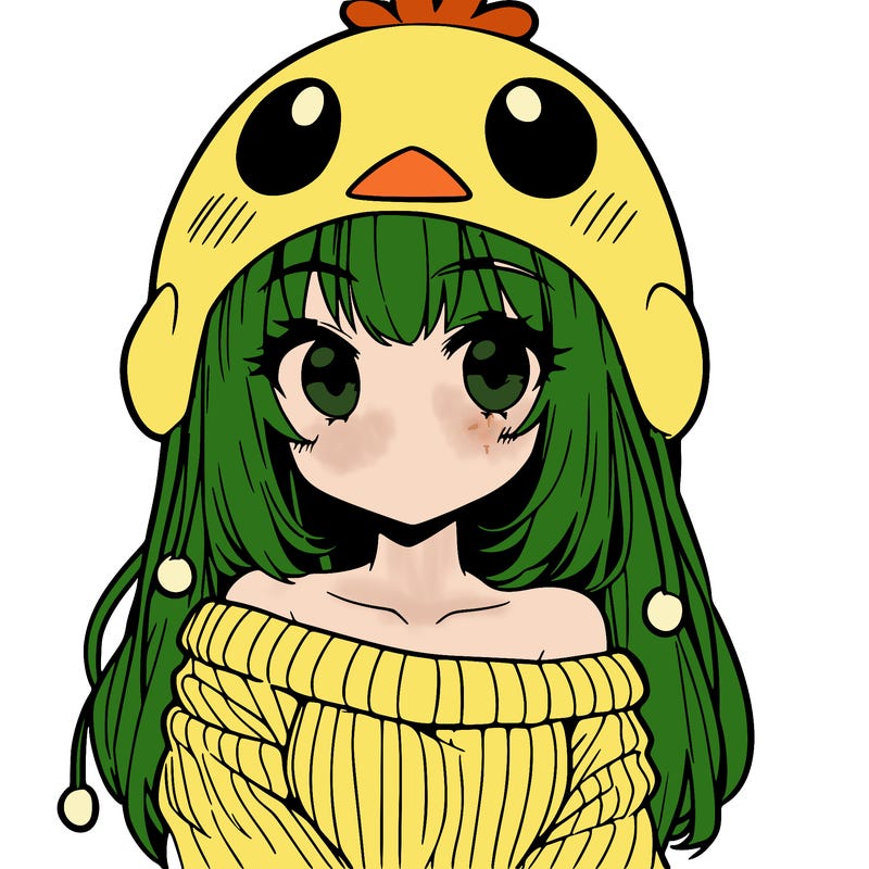 anime girl with chick shaped hat with sweater with bare shoulders with bangs covering them one eye with low tail