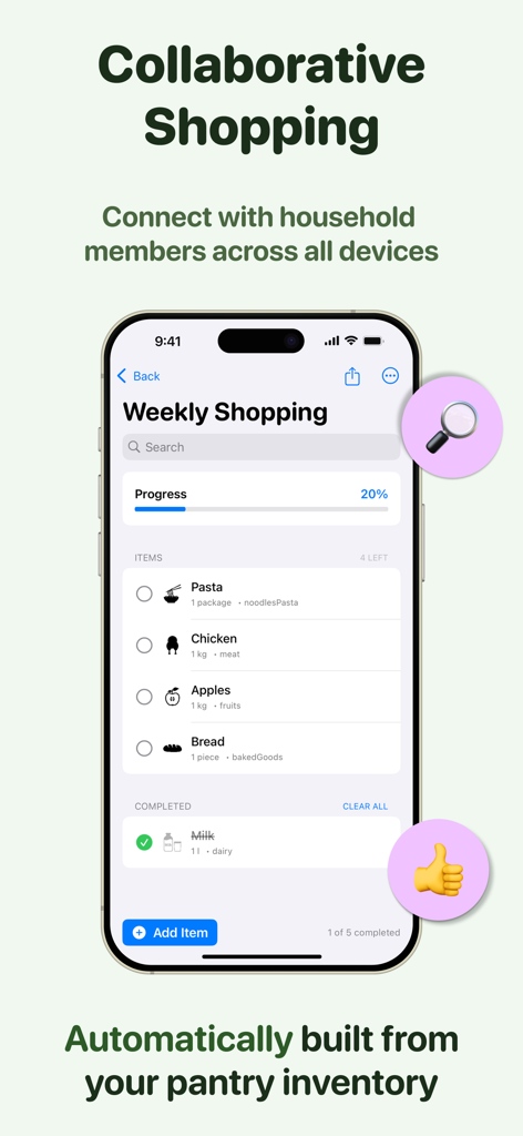 iPhone showing a shared weekly shopping list with a progress bar and items like pasta and apples.