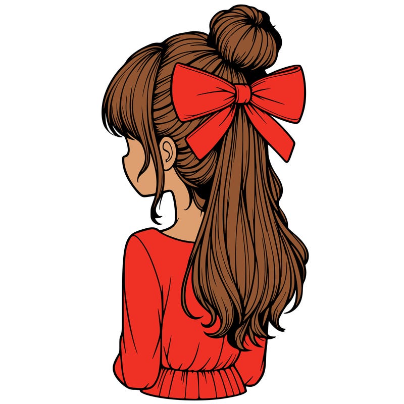 realistic girl  with hip length hair a bun and a big bow on the back of head