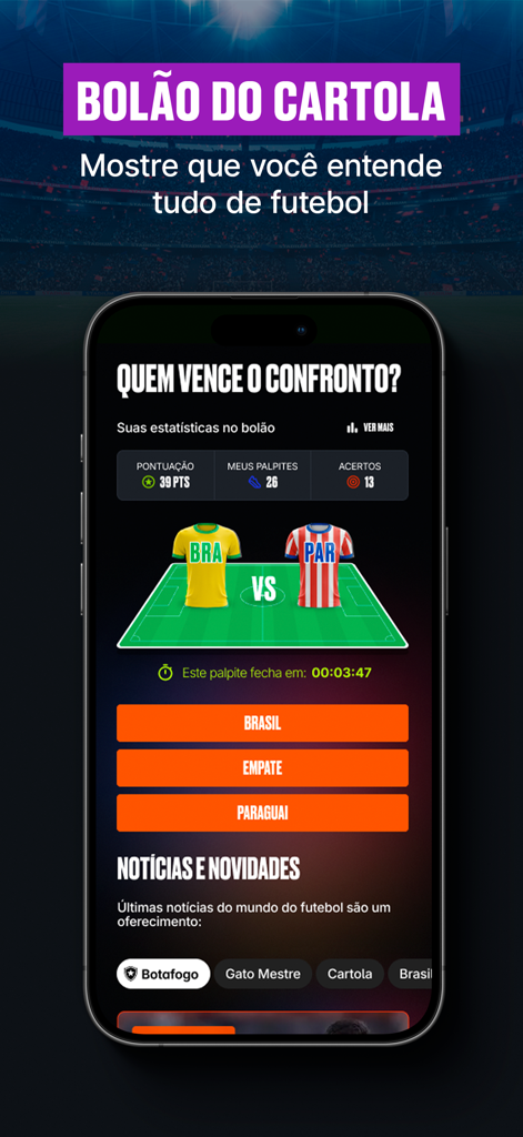 Cartola app screen for soccer match predictions showing Brazil versus Paraguay.