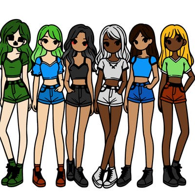 a group of girls wearing crop tops and shorts