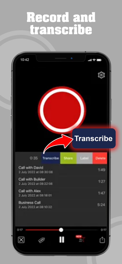 Interface of the Calls Recorder app showing a record button and call transcription features