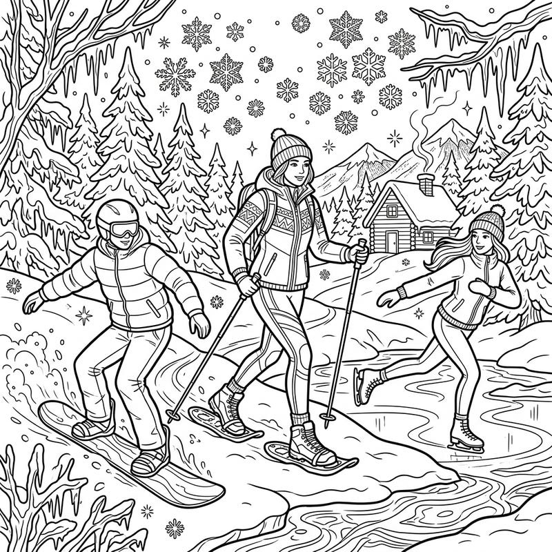 Get ready to color a thrilling winter scene featuring active teens engaged in their favorite snow sports. This engaging coloring page brings the energy of snowboarding, snowshoeing, and ice skating to life amidst a snowy wonderland.