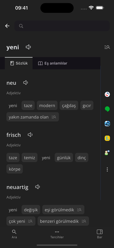 German Turkish Dictionary DeTr - Tela do aplicativo Dicionário Alemão Turco mostrando resultados de tradução para a palavra 'yeni' em modo escuro