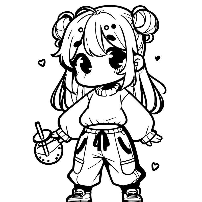 cute manga girl in a sweater and baggy pants with boba