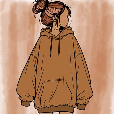 realistic girl with a oversized sweatshirt on and a bun