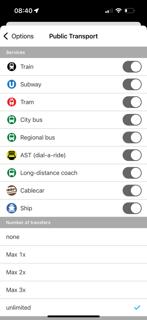 OÖVV Routenplaner - Public transport options and transfer settings in the OOVV Routenplaner app