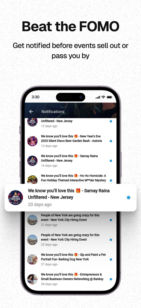 The AllEvents app notification screen showing personalized event alerts for local concerts networking and workshops