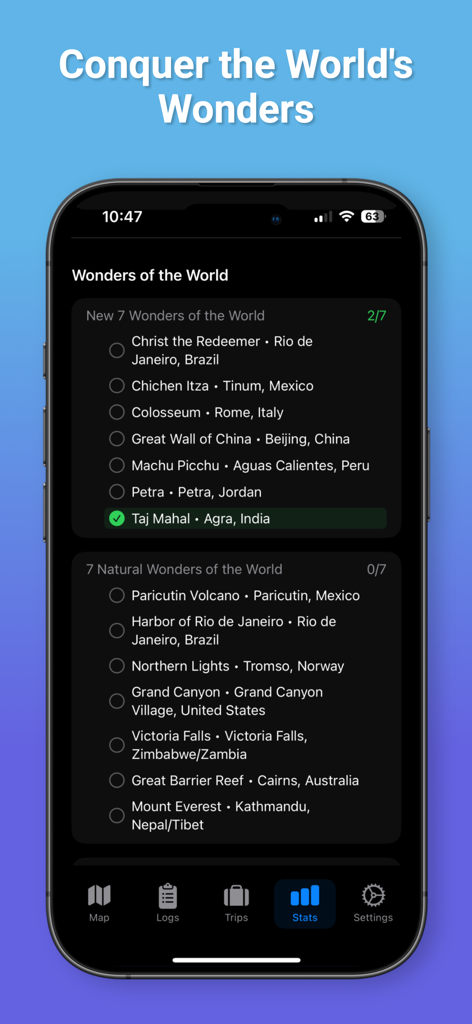 TrekPins - TrekPinsアプリのスクリーンショットには、iPhone上の世界の驚異の達成チェックリストと旅行統計情報が表示されます。