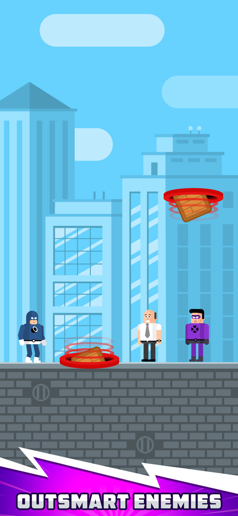 The Superhero League - Ein Superheldencharakter nutzt rote Portale, um eine Holzkiste auf Feinde auf einem Dach in einer Stadt fallen zu lassen.