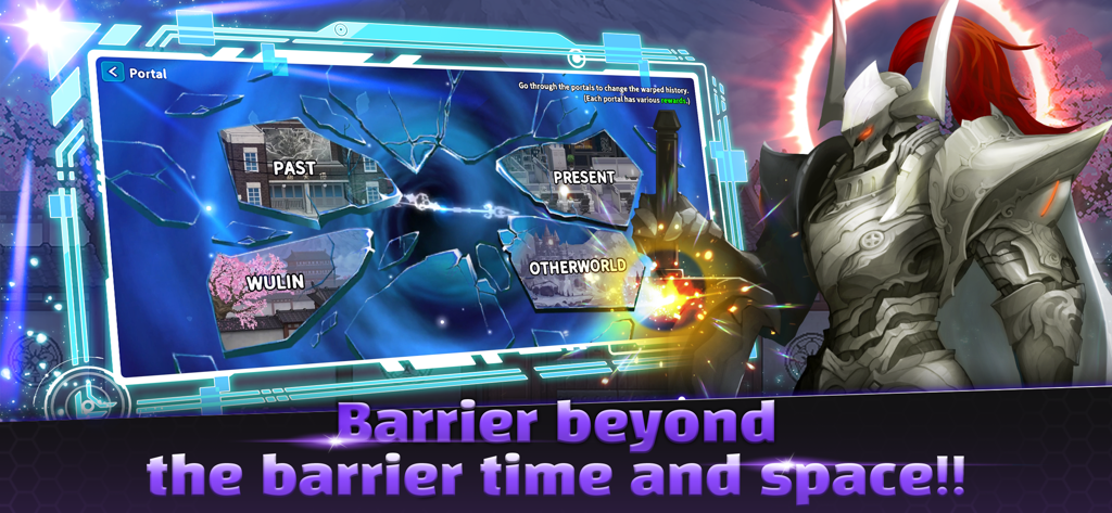 Hunter Raid: Idle RPG Games - A powerful armored knight character standing next to a portal menu showing four dimensions including Past Present Wulin and Otherworld