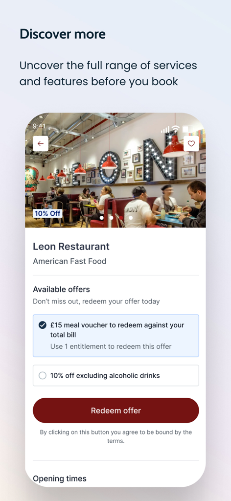 Dragonpass app interface showing exclusive dining offers and meal vouchers at Leon Restaurant