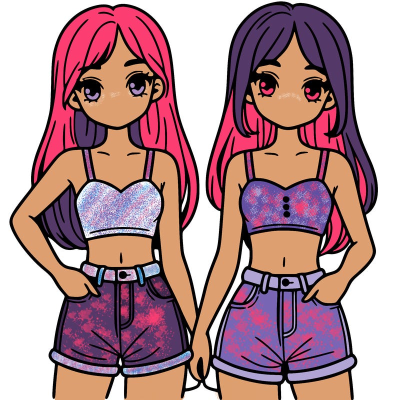 two sisters with crop tops and jean shorts and straight hair