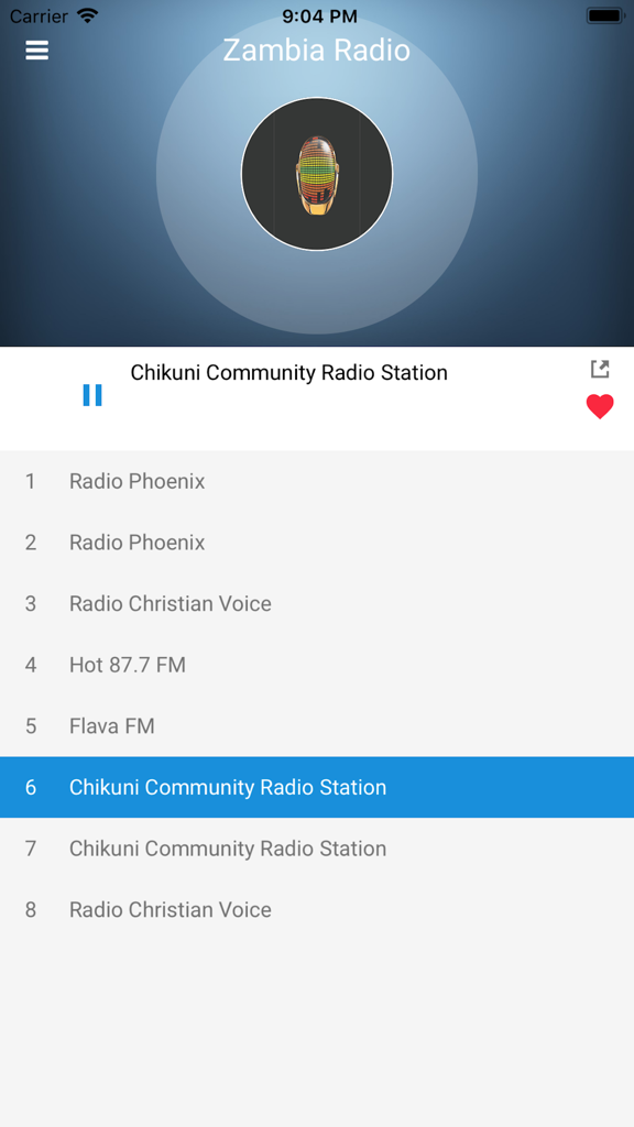 Zambia Radio Station FM Live - Zambia Radio app interface showing a list of local Zambian FM stations including Radio Phoenix and Chikuni Community Radio