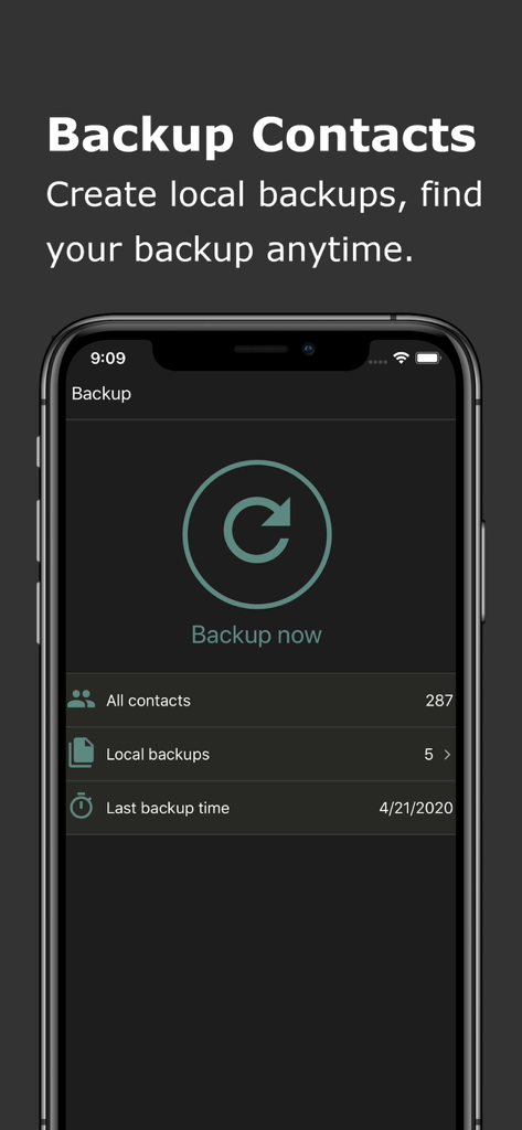 Export Contact to XLS PDF VCF - iPhone screen displaying the contacts backup interface with a local backup button and history logs