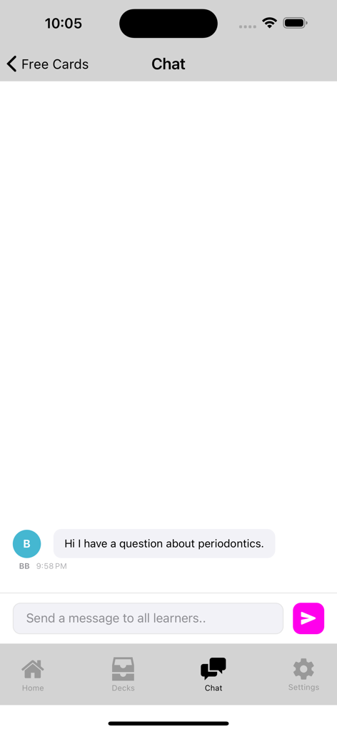 Uno screenshot della funzione di chat della community nell'app ADA ADAT Q-Bank che mostra un utente che pone una domanda sulla parodontologia.