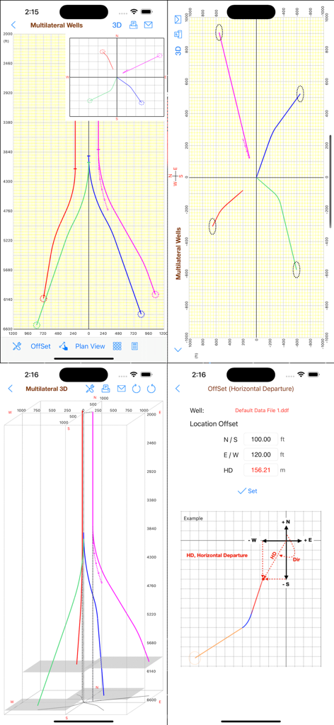 Directional Drilling - Screenshots of the Directional Drilling app displaying 3D wellbore plots multilateral well views and horizontal departure offset calculations