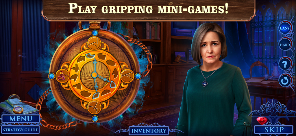 Una mujer de pie junto a un acertijo de reloj dorado en el juego Fatal Evidence 1 con el lema Juega Convincentes Minijuegos