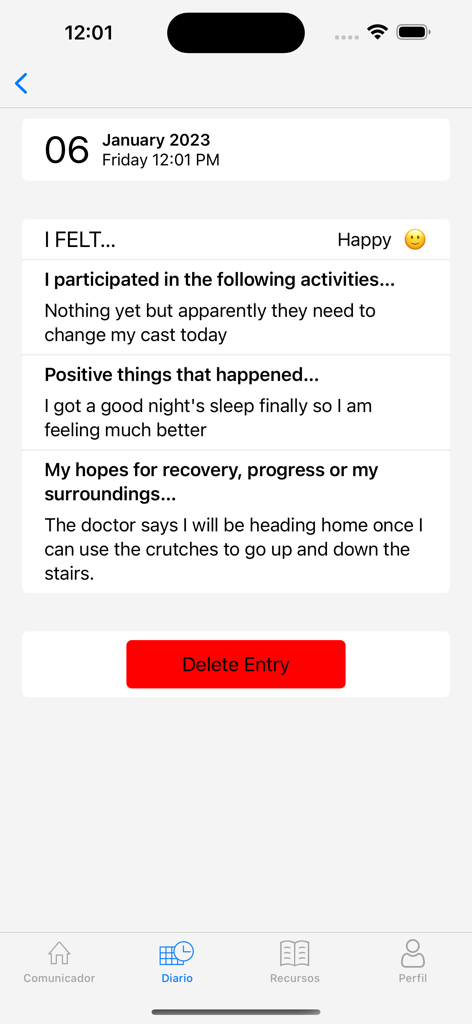 Uno screenshot della funzione diario dell'app Comunicatore del Paziente che mostra una voce di progresso del recupero con sezioni per sentimenti, attività e speranze.
