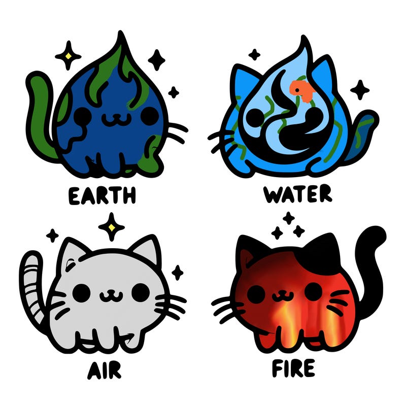 4 cats that represent the different elements, earth, water, air, and fire
