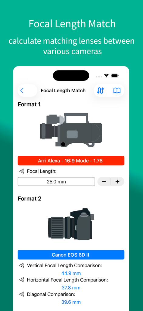 pCAM Pro - Film+Digital - Arri Alexa 및 Canon EOS 카메라 간 렌즈 비교를 위한 초점 거리 일치 도구를 보여주는 pCAM Pro 앱 인터페이스