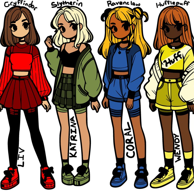 one girl with crop-top shirt and a jacket with a skirt, long socks and another girl with a shirt and pants with a jacket