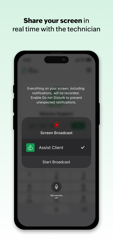 Customer App - Zoho Assist - Screen sharing setup interface on Zoho Assist Customer app for real-time remote support