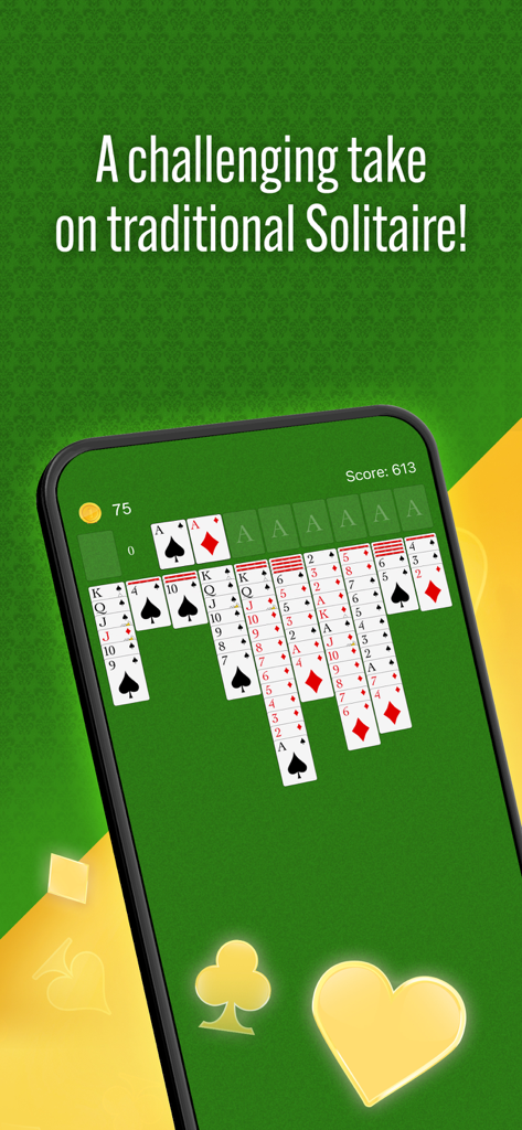 Smartphone screen showing a Spider Solitaire card game on a classic green felt background.