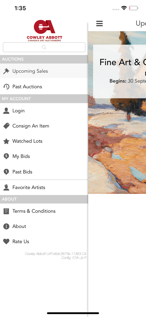 Cowley Abbott - Side navigation menu of the Cowley Abbott art auction mobile app showing user account and auction options