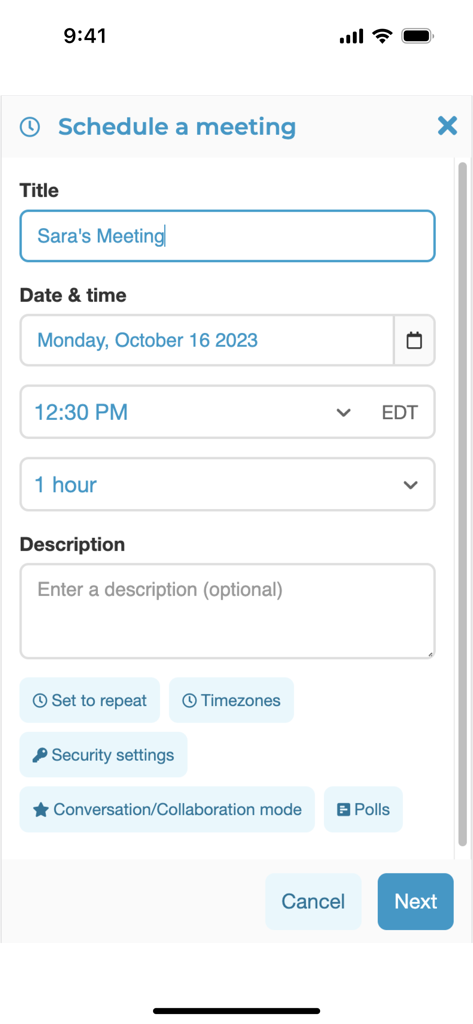 FreeConference.com - Mobile screen of the FreeConference app for scheduling a new meeting with custom title and time settings