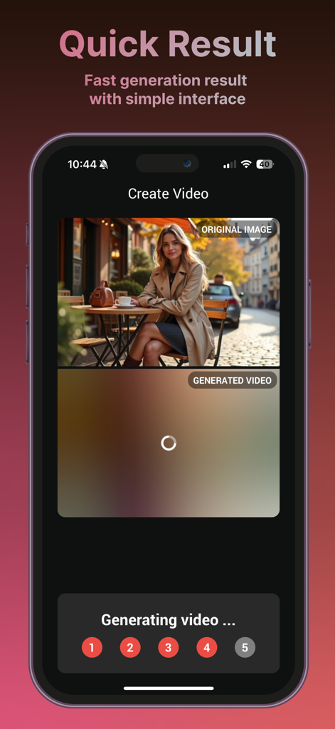 Movie Maker - PixMotion - Mobile app interface showing the rapid generation of an AI video from a static photo