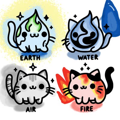 4 cats that represent the different elements, earth, water, air, and fire