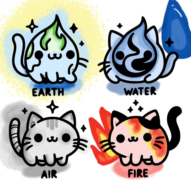 4 cats that represent the different elements, earth, water, air, and fire